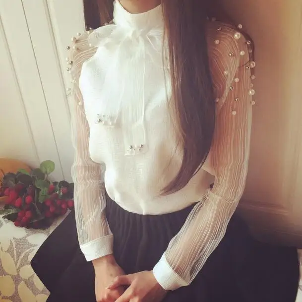 2019 белые топы универсальные шифоновые рубашки со стоячим воротником летние