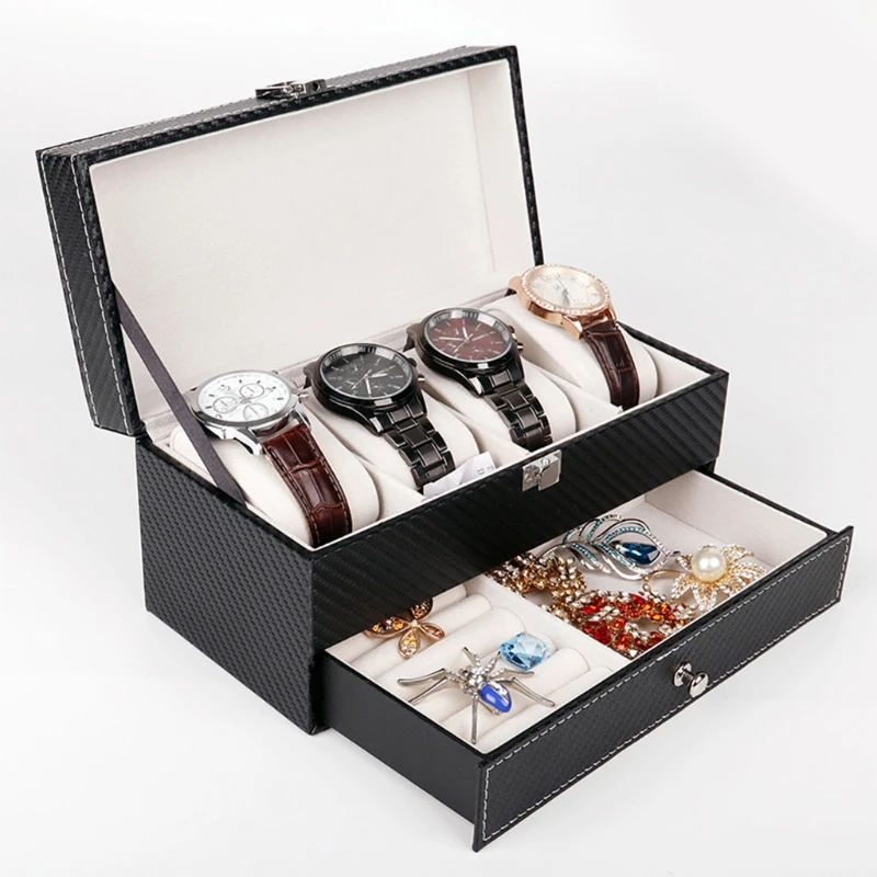 Carbon Fiber Double-layer 4 Grids Double Layers Watch Storage Box Case PU Watch Jewelry Necklace Rings Earring Organizer Box
