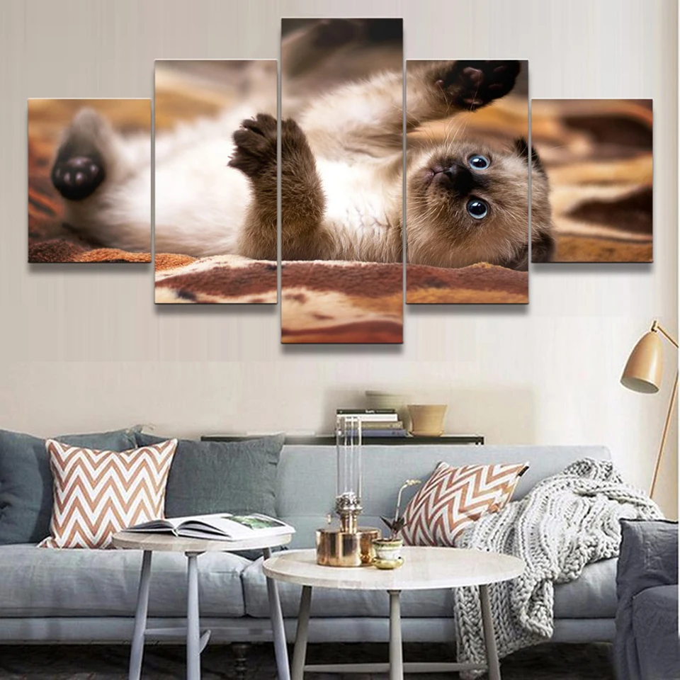

Canvas Wall Art 5 Panel Print Animal Cute Cat Modular Poster Modern HD Picture Home Decoration Living Room Painting Framework