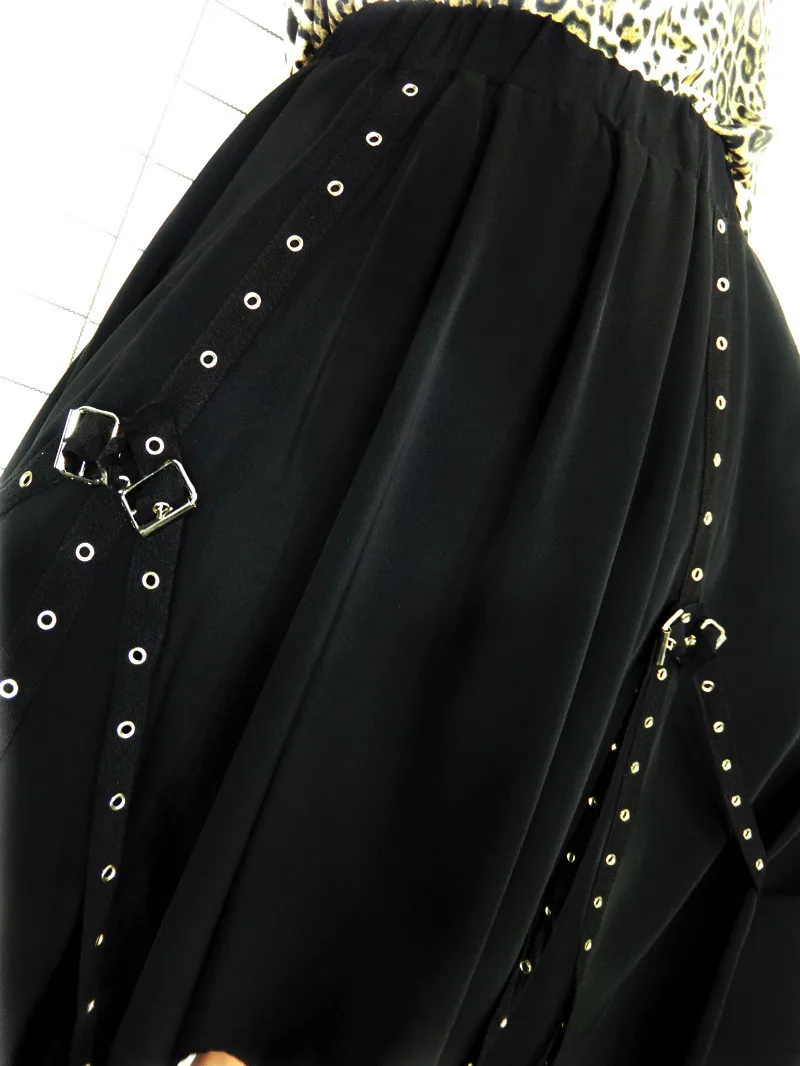 

New Arrival Fashion Irregular Women Skirts Elastic Waist Ribbon Runway Design Punk Harajuku Asymmetry Black Casual Skirt W812