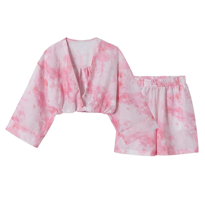 

Alldoke летние тай-дай шорты костюм для женщин с v-образным вырезом и расклешенными рукавами, повседневные блузы, Футболки женские с эластичной ...