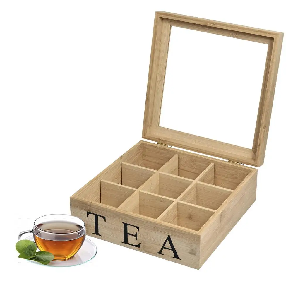 

9 Compartments Bamboo Tea Box Coffee Tea Bag Storage Holder Organizer Jewelry Wooden Container Home Cabinets Kitchen Storage