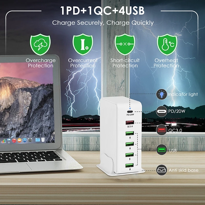 

UK Plug 6Ports Desktop Charger QC3.0 USB Fast Mobile Phone 20W Type C PD Adapter Charging Hub for Mobile Phone Tablet