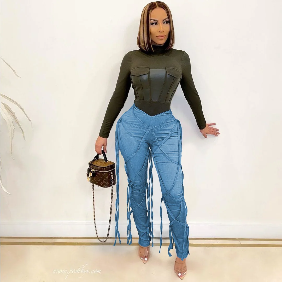 

Skinny Jeans Woman Mid Waist Strech Slim Fashion Denim Trousers Streetwear Women Bottoms Bandage Blue Jeans Pencil Pants