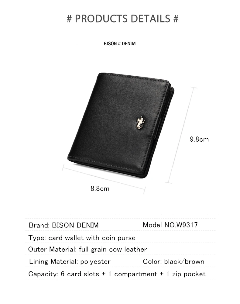 BISON DENIM модные мужские кошельки из натуральной кожи мини маленький кошелек держатель для карт с карманом для монет на молнии