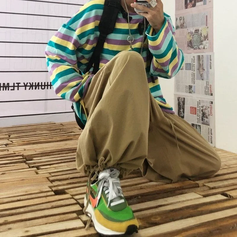 

QWEEK Korean Streetwear Black Cargo Pants Women Streetwear Khaki Oversize Wide Leg Trousers For Female Hip Hop Autumn Fashion