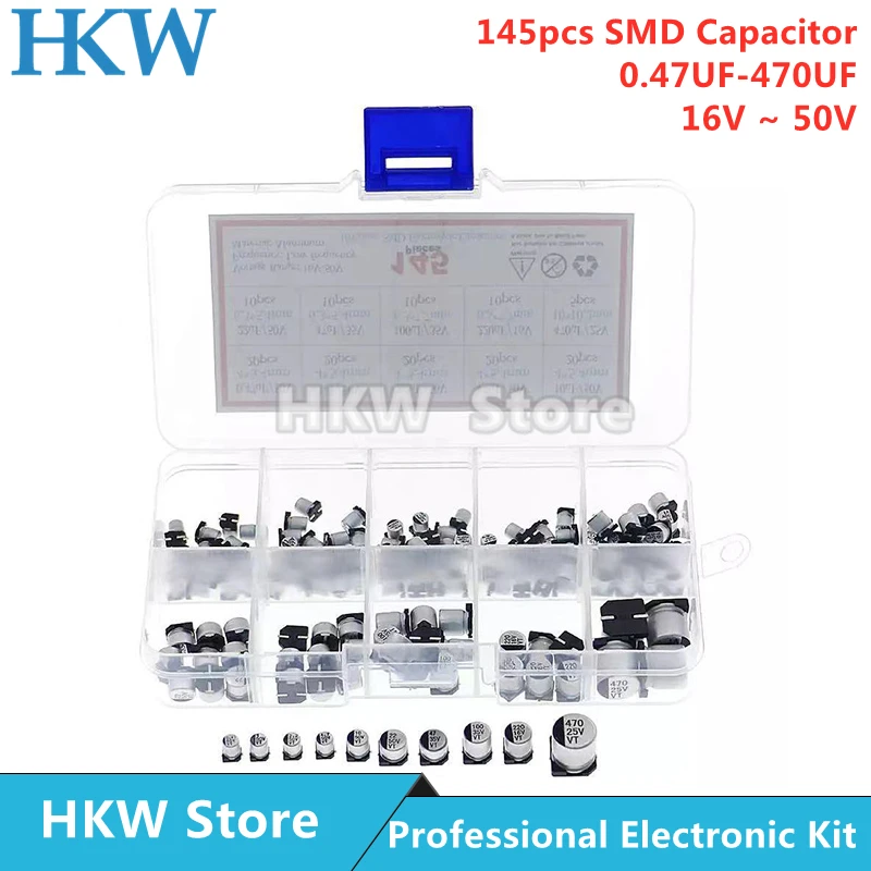 

145pcs 10Values SMD 0.47 to 470uF Electrolytic Capacitor Assortment Kit For Electronic DIY Project with Box 16V 25V 35V 50V