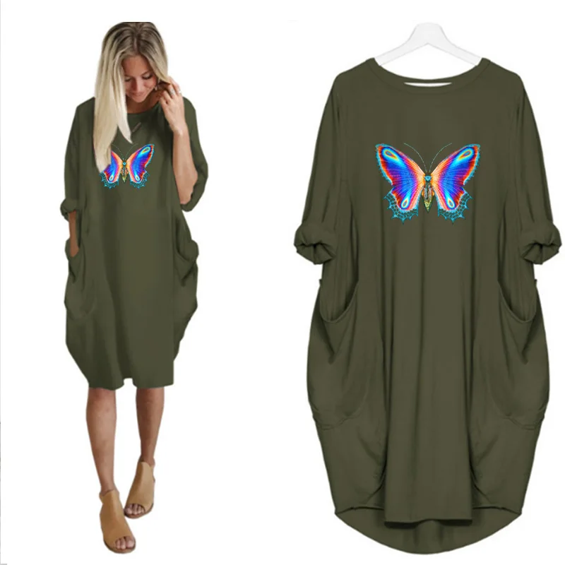 

Women Loose Dresses Casual Vintage Butterfly Print Autumn Long Sleeve Pocket Beach Party Vestido Femme Robe Streetwear