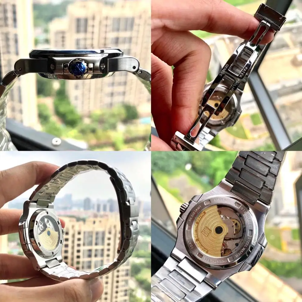 

New Automatic Mechanical Men Watch Silver Blue Stainless Steel Transparent Sapphire Glass Glide Watches