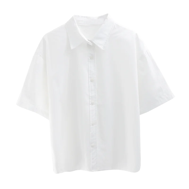 

Women's Blouses and Shirts summer tooling short-sleeved white female easy pure color coat joker casual