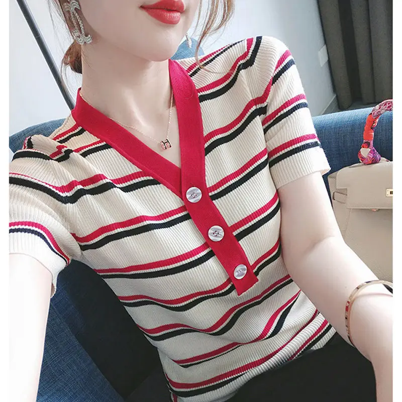 

Striped short sleeve T-shirt women's thin ice silk knit shirt base 2021 spring and summer new loose slim shirt top