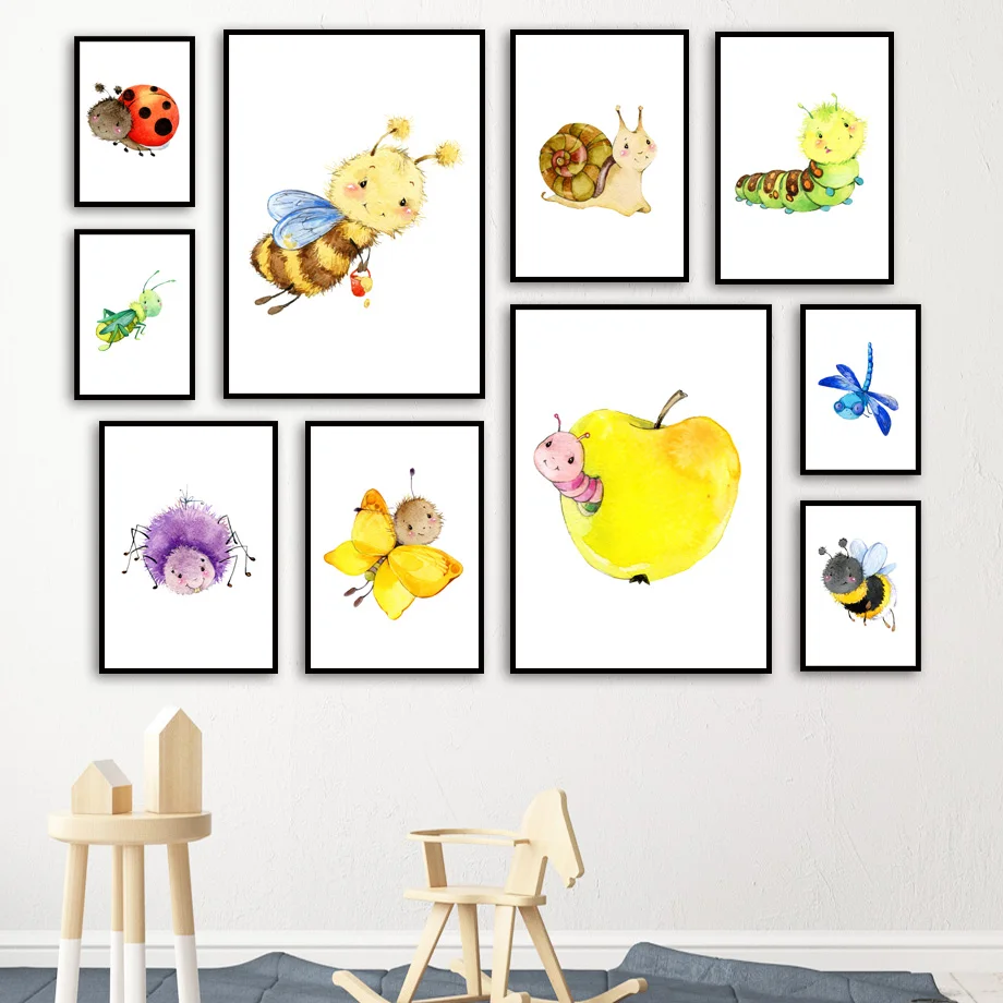 

Funny Insects Nursery Wall Art Print Canvas Painting Bee Butterfly Spider Snail Ant Poster Wall Pictures Baby Kids Room Decor