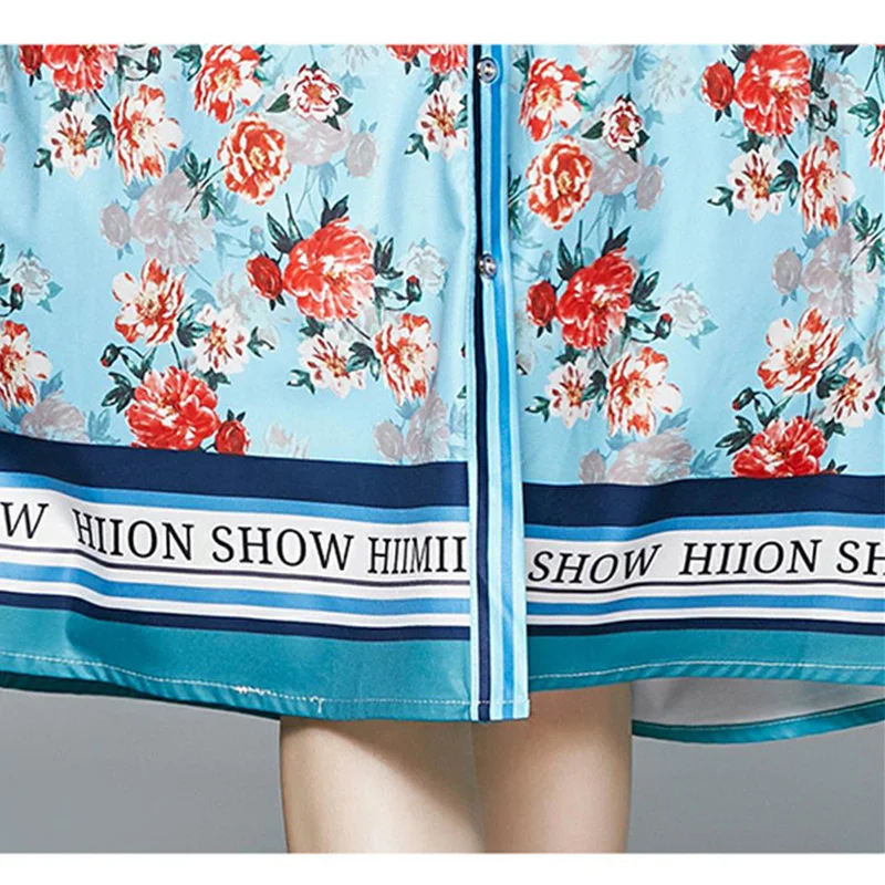 

2021 Newest Runway Designer Summer Autumn A-Line Dress Woman Long Sleeve Single-breasted Blue Printed Midi Shirt Dresses robe