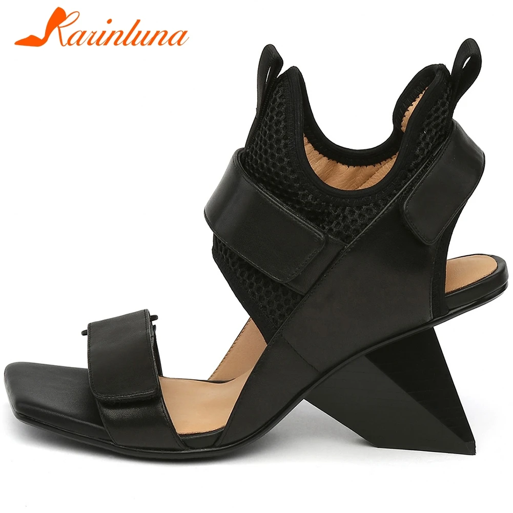 

Женские босоножки с открытым носком KARINLUNA, однотонные сандалии из натуральной кожи, на липучке, 2020