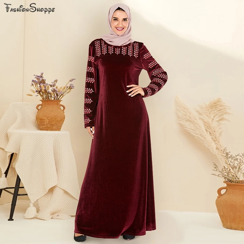 Бархатное платье с цветочной вышивкой кафтан марокканский турецкий