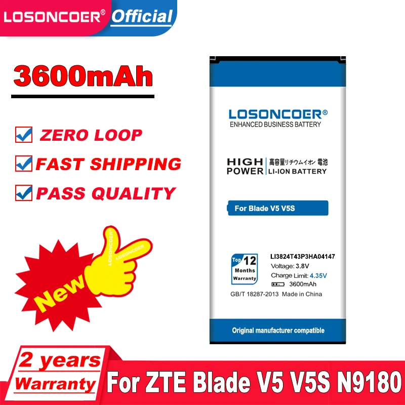 Аккумулятор LOSONCOER 3600 мАч Li3824T43P3hA04147 для ZTE Blade V5 V5S N9180 U9180 V9180 N918ST|Аккумуляторы