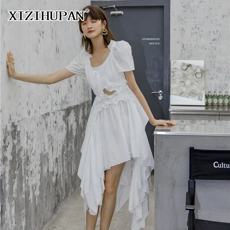 

XIZIHUPAN Hollow Out Solid Dress For Women High Waist O Neck Mini Irregular Puffles Dresses Female Summer Fashion New 2021 Tide