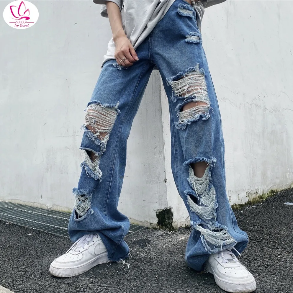 

Spring and Autumn Women's Ripped Jeans High Waist Loose Straight Pants Wide Leg Pants Women's Jeans Y2K High Street Jeans