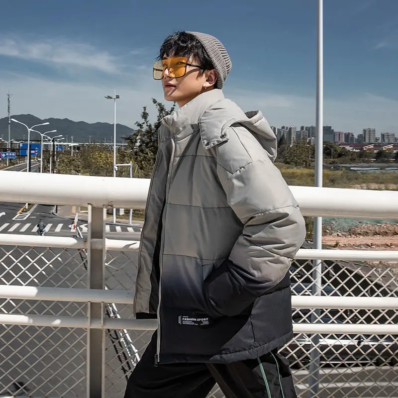 

2021 Winter New Down Jacket Men's Hong Kong Style Couple Tooling Mid-length Trend Gradient Handsome Coat