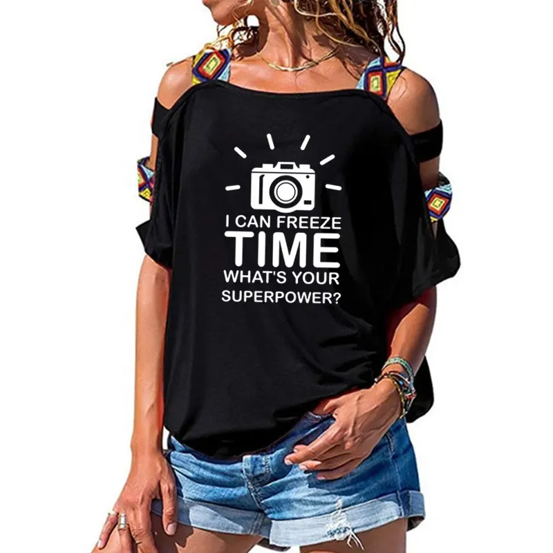Фотограф Футболка женская футболка Камера заморозить время хлопковая с