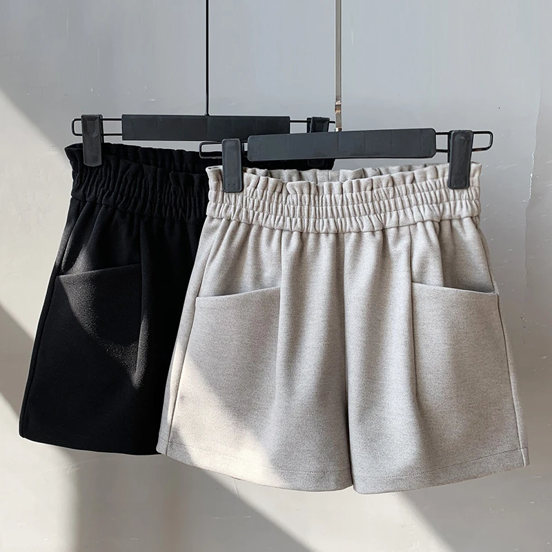 Осенние Женские однотонные шорты корейские шерстяные трапециевидной формы с