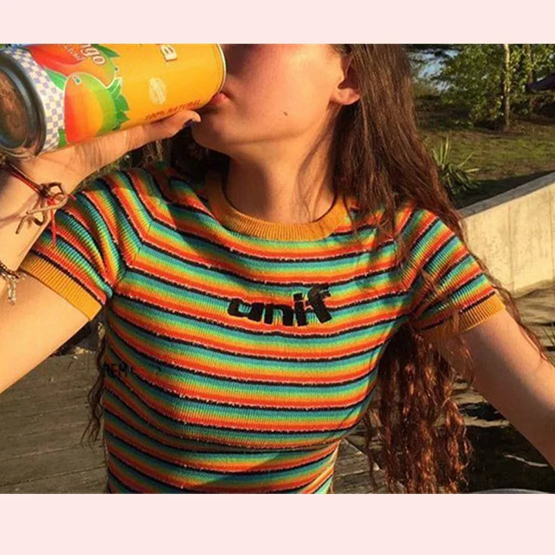 

Rainbow Striped Sweater Women Knitted Crop Tops Sweater 2020 Summer Streetwear Women Knitwear Tee Shirts