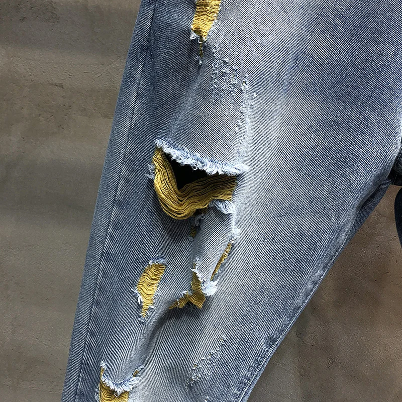 Джинсы мужские рваные потертые 100% хлопок уличная одежда укороченные штаны из