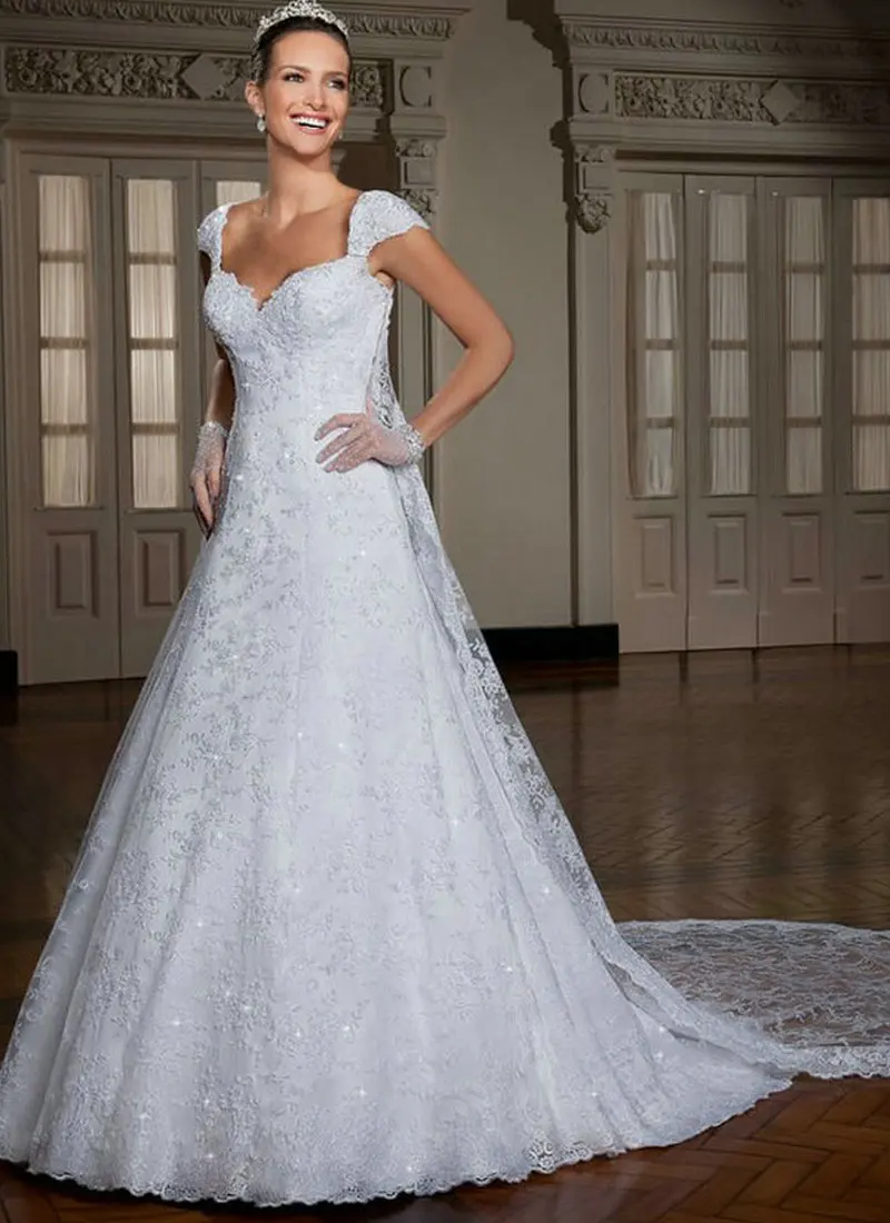

New Sexy Lace appliques White wedding dress Cap Sleeve Long Train vestido de noiva longo vintage bridal gown 2021