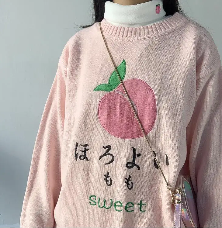 

Autumn and winter peach embroidery pink cute loose college round neck sweater