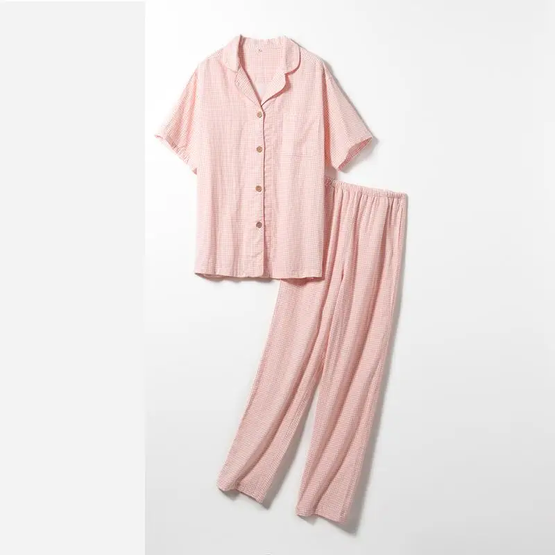 

Женский Пижамный костюм в клетку, хлопковая рубашка и штаны, розовая ночная рубашка, одежда для сна, комплекты пижам, нижнее белье, летняя но...