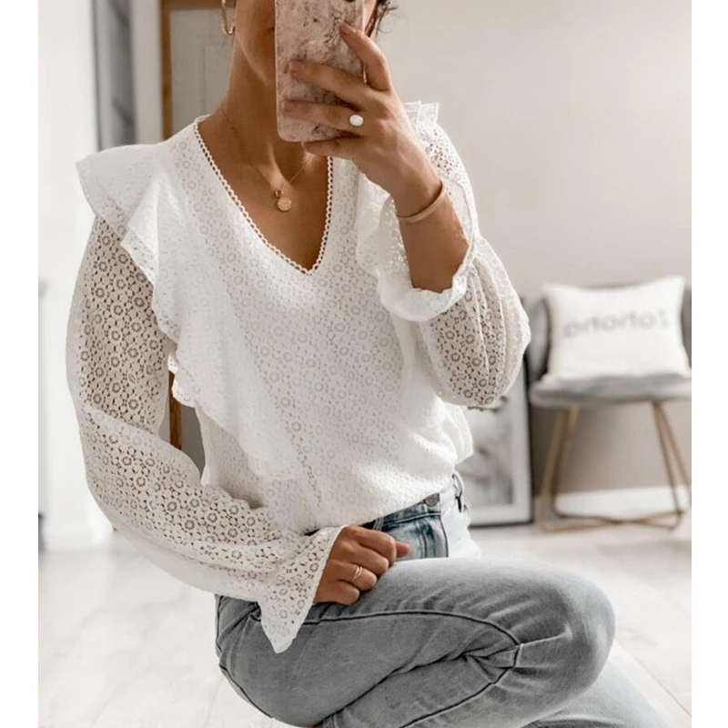 

WEPBEL Shirt Women's Sexy Lace Hollow Out Loose Blouse Summer Fashion Solid Color Long Sleeve V-neck Ruffle Stitching Shirt