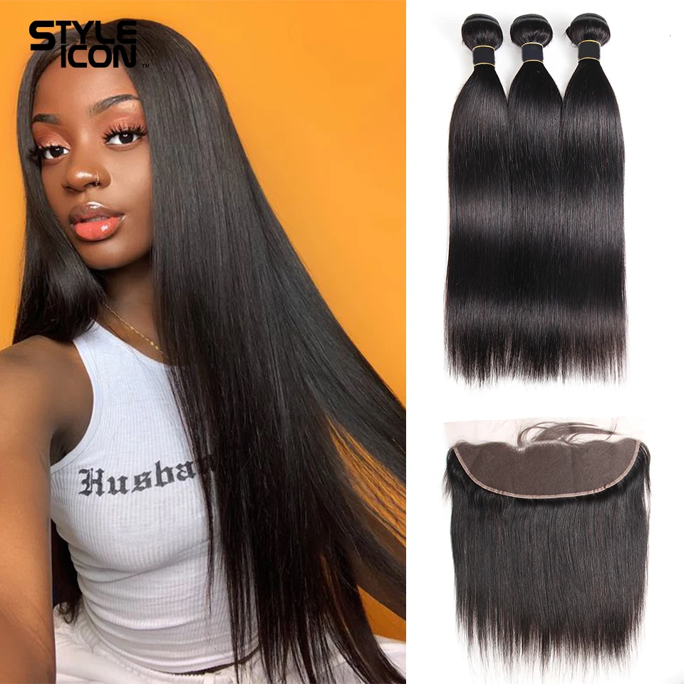 Straight Bundles With Frontal Malaysian Straight Human Hair Bundles with Frontal Styleicon 13*4 Lace Frontal Closure Remy Hair
