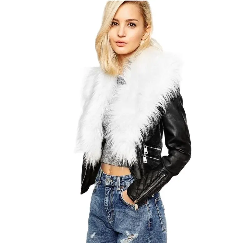 

Fashion artificial leather jacket With fur collar Women Pu Motorcycle Small Coats Autumn winter windcheater outerwear ladies