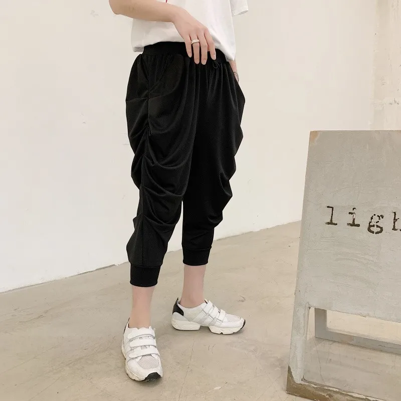 

Summer New Lightweight Mens Calf Length Pleated Harem Fashion Casual Loose Fit Male Jogging Pants Elastic Waist Streetwear