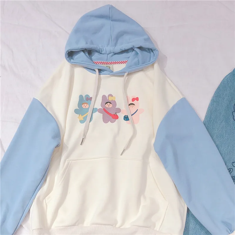 Небесно-голубой Японский Kawaii Женский свитшот Харадзюку С мультяшным принтом толстовка стиль Mori Girl преппи Прекрасный пуловер с длинными рукавами Топы для студентов - Цвет: Небесно-голубой