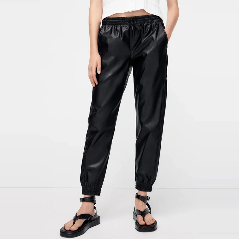 

WXWT Za Women Black PU Faux Leather Pants Elastic Waist Long Length Fashion Bottoms Drawstring Tie Pockets Basic Female Trousers