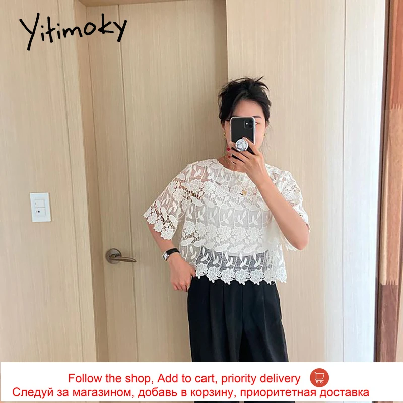 

Yitimoky Vintage Women Shirts Fashion O-Neck 2021 Summer Fashion New Hook flower Single Breasted hollow Shirt with tank top