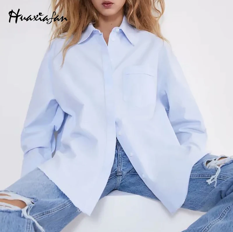 

Huaxiafan Za Fashion Tops Blouses Women Blue Classic Loose Elegant Ladies Shirts Oversize Plus Blouse Female 2021 Spring New