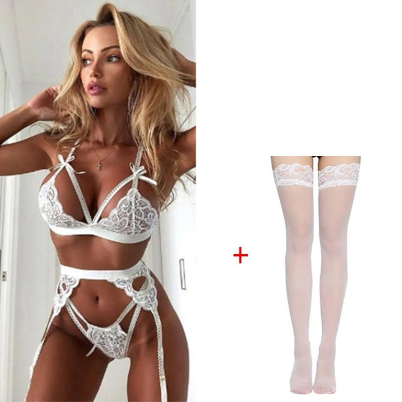 

4Pcs Underwear Sets Sexy Hot Erotic Garters Push Up Bras Sling G-string Set Lace Transparent Open Bra Sexy Lingerie & Briefs Set