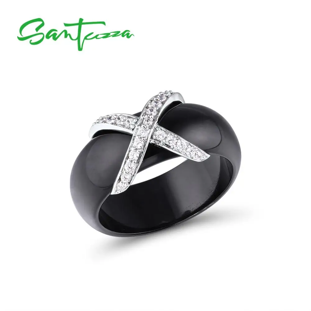 SANTUZZA, серебряные кольца для женщин, чистый 925 пробы, серебро, Круглый, белый, черный, керамика, кубический цирконий, необычные, anillos, хорошее ювелирное изделие