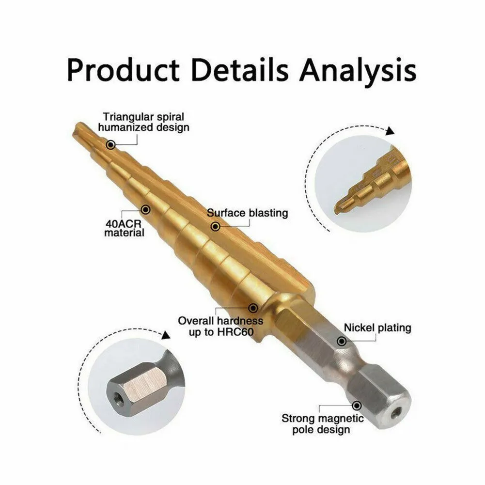 

Step Drill Bit 3pcs Per Set HSS Straight Groove Titanium Nitride Coated Set Steel Step Shank For Metal Plastic Fiberglass Wood