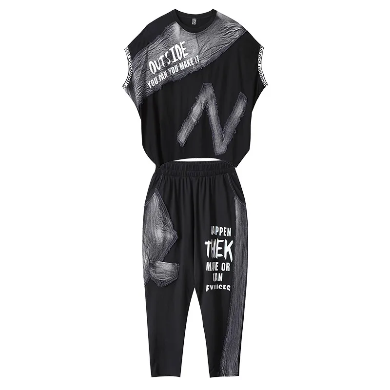 

Streetwear Women Loungewear Two Piece Sets Hip Hop Patchwork Denim Short Sleeve Loose Pullover T-Shirts Calf Length Harem Pants