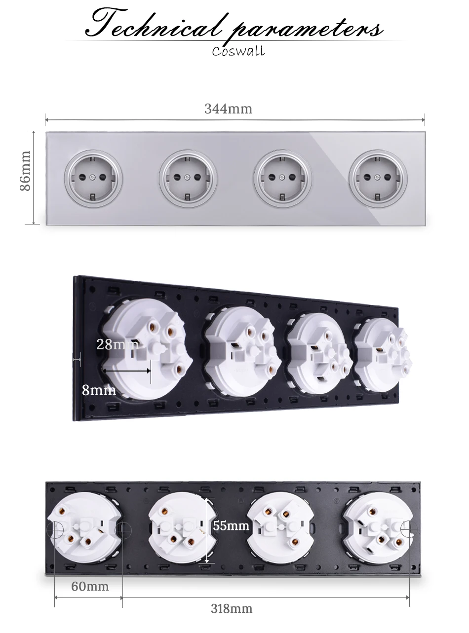 Coswall Gray Grey Crystal Tempered Glass Panel 4 Gang EU Standard Wall Socket Grounded With Child Protective Lock R11 Series