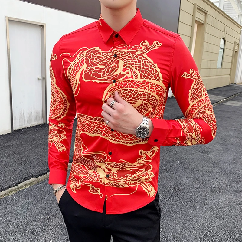 Китайская Новогодняя одежда мужские китайские рубашки облегающие красные топы