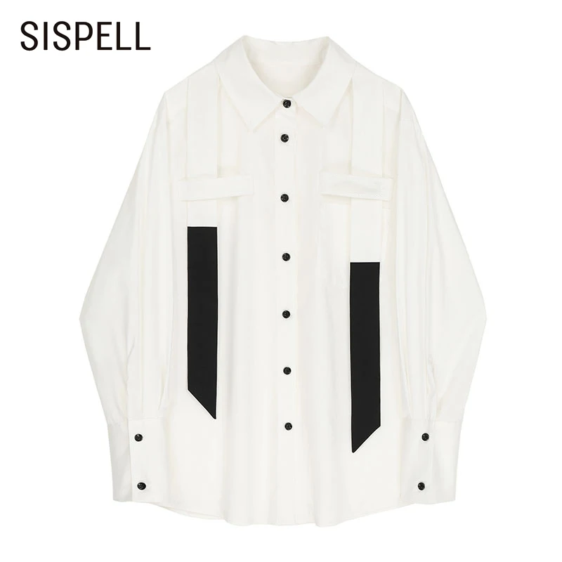

SISPELL Patchwork Colorblock Shirts For Female Lapel Collar Long Sleeve Lapel Collar Long Sleeve Loose Women's Casual Shirt New