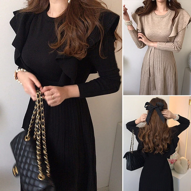 

Женское темпераментное вязаное платье с оборками на талии, один размер