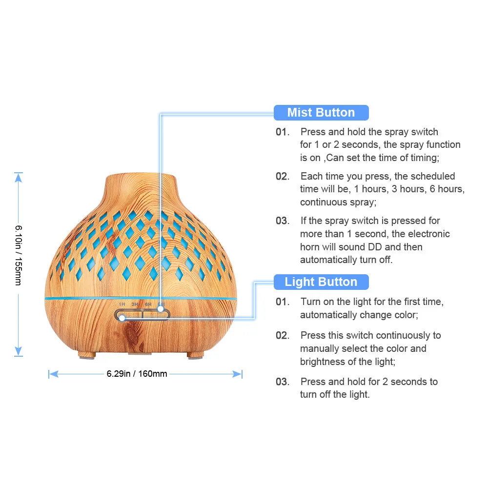 

400ml remote control light wood hollow air humidifier, ultrasonic cold mist essential oil diffuser, seven-color LED night light