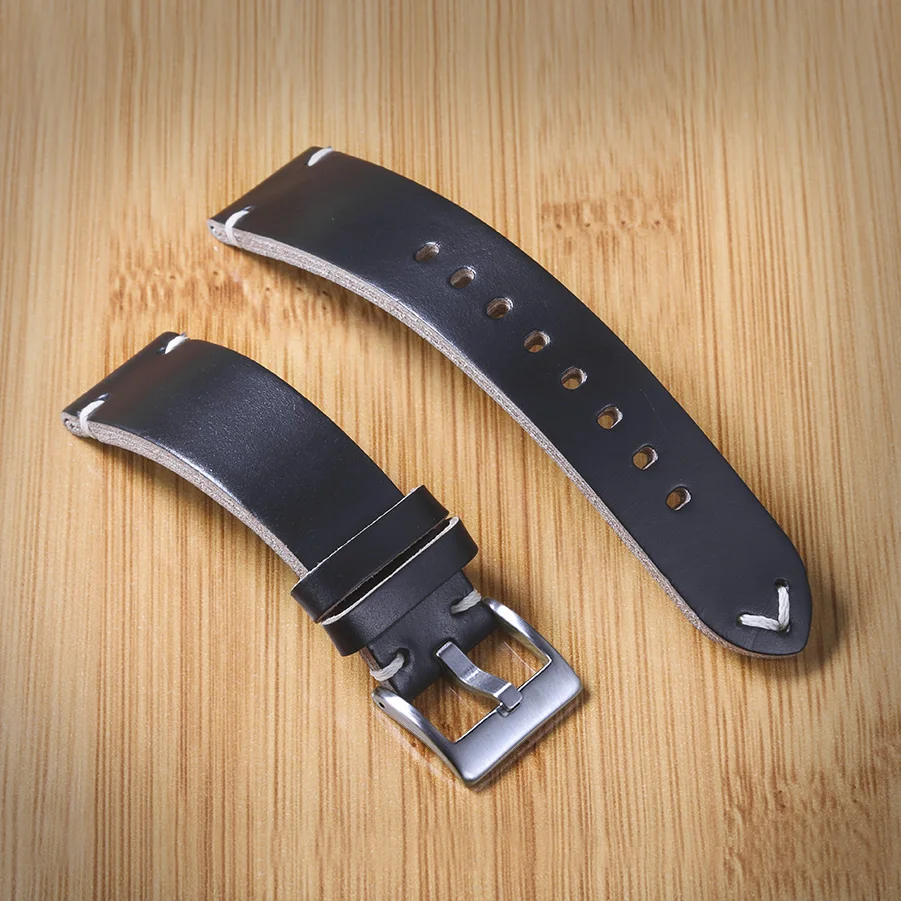 Horween Burgundy Chromexcel Leather Watch Bands Black 3.5mm Thick Handmade Leather Straps