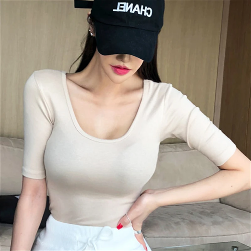 Женская эластичная футболка облегающий топ с коротким рукавом Лето Женский в