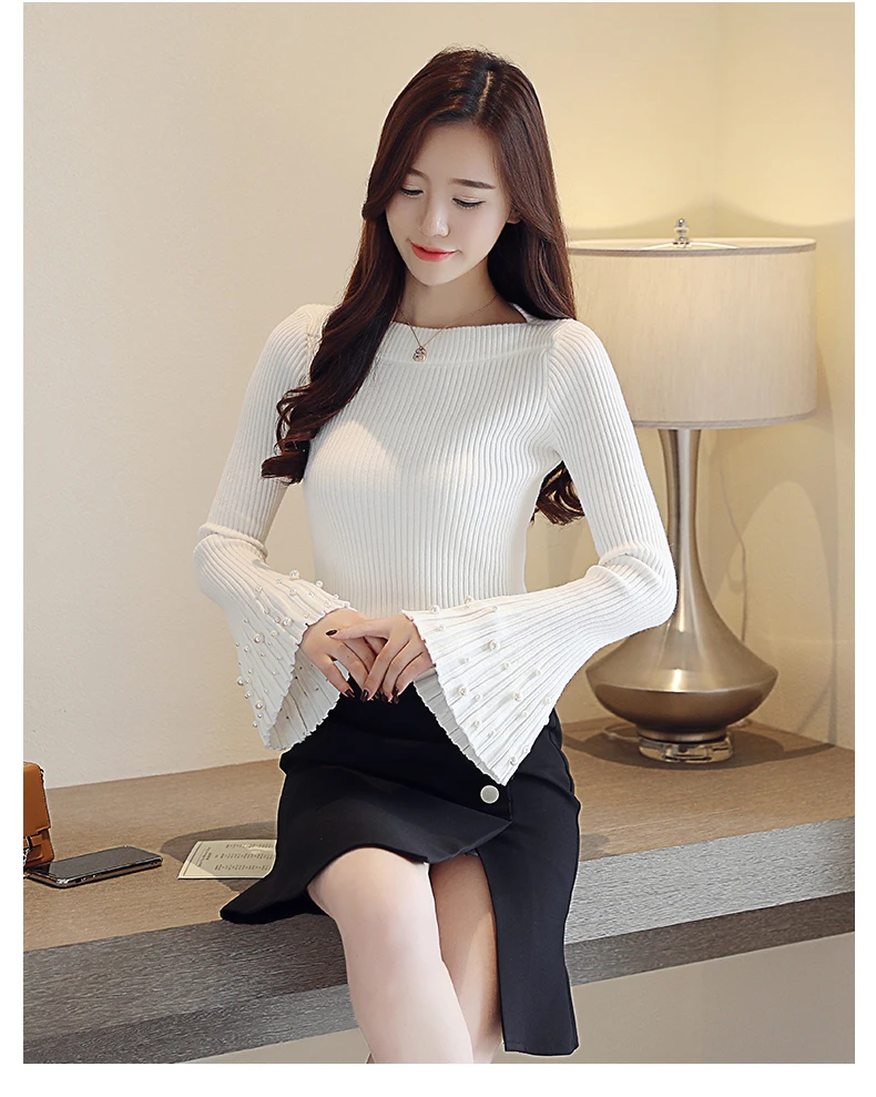 Womens Sweater 2019 Autumn Winter Tops Beading Flare Sleeve Pullover Casual Loose Knitted Office Bastic Wear | Женская одежда